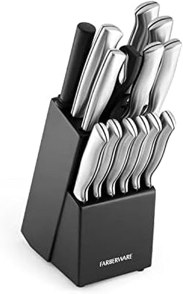 Farberware 15-Piece Kitchen Knife Set, High-Carbon Stainless Steel Blades with Wood Block, Steak Knives, Sharpening Tool & All-Purpose Shears, Razor Sharp, Ergonomic Stainless Steel Handles - Product Image