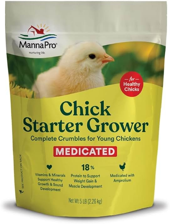 Manna Pro Medicated Chick Starter Grower Feed, Dried High Protein Chicken Food Crumbles with Amprolium for Coccidiosis Prevention, Complete Chicken Feed for Baby Chicks, 5 lb Bag - Product Image