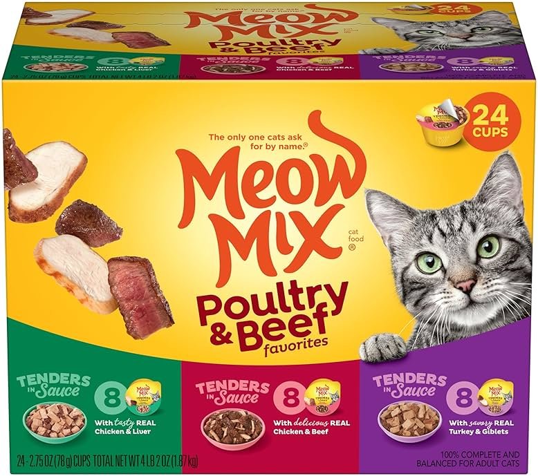 Meow Mix Tender Favorites Poultry & Beef Variety Pack, Wet Cat Food, 2.75 oz Cup (24 Pack) - Product Image