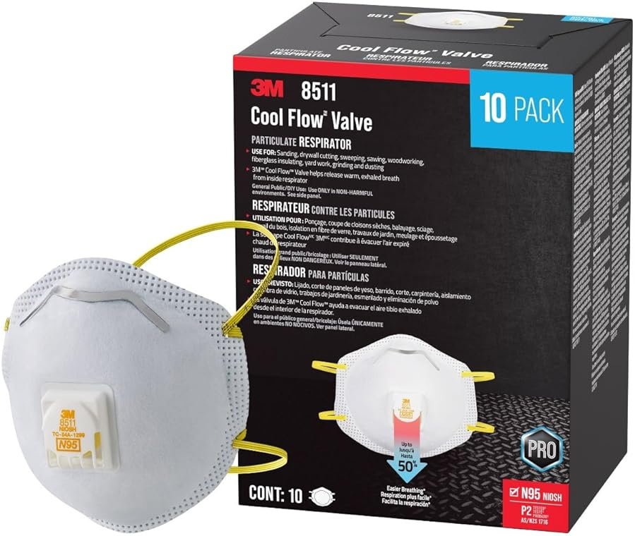 3M, N95 Respirator 8511, N95, Features Cool Flow Exhalation Valve, Relief from Dusts and Certain Particles During Sanding, Pollen, Mold Spores, Dust Particles (8511Db1-A-Ps), 10 Count - Product Image