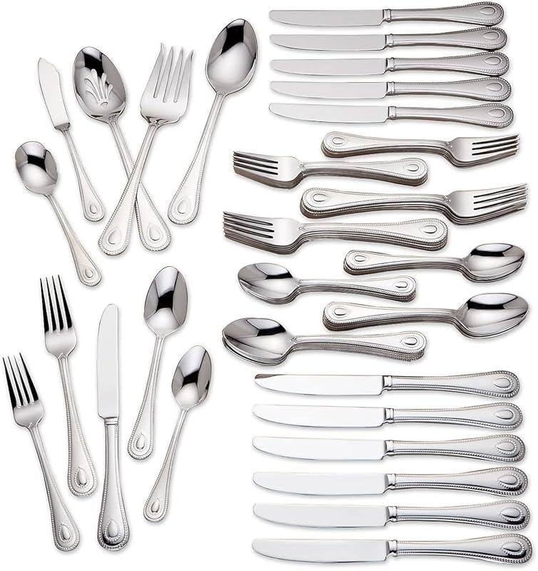 Lenox Silverware Set For 12, French Perle 65-Piece Flatware Set with Serving Utensils, Service For 12, Elegant 18/10 Stainless Steel Utensils with Beading, Knives Spoons & Forks (Silver, 65 Piece) - Product Image