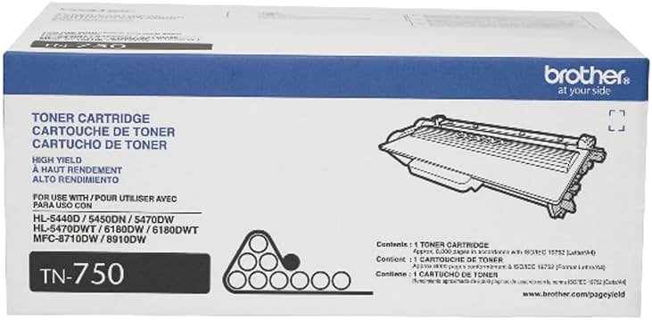 Brother Genuine High Yield Toner Cartridge, TN750, Replacement Black Toner, Page Yield Up to 8,000 Pages, Amazon Dash Replenishment Cartridge - Product Image