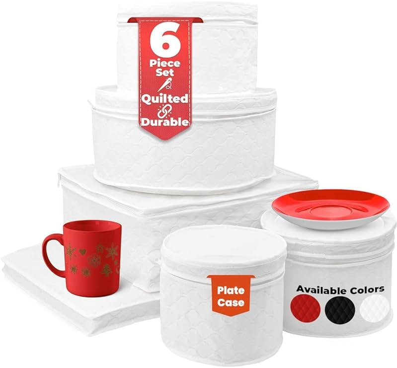 LAMINET 6 Piece Quilted Dinnerware Storage Starter Set - Includes 4 Plate Cases, 1 Cup Case & Platter Case - WHITE - Product Image