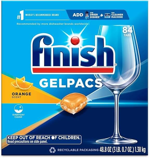 Finish Gelpacs Dishwasher Detergent Pods, Quick Dissolving Cleaning Power, Fights Grease & Dried-On Food, Easy-to-Use Pre-Measured Dishwasher Soap, Orange Scent, 84 Count - Product Image