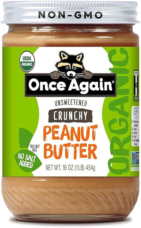 Once Again Organic Crunchy Peanut Butter No Sugar Added - Single Ingredient, Unsalted, Natural Peanut Butter No Palm Oil - Glass Jar, Non-GMO, Gluten Free - Chunky, Unsweetened - 1 Jar (16 oz) - Product Image