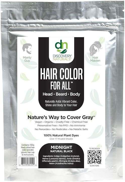 Midnight Natural Black Henna Hair Color For All Kit | 100% All Natural Hair Dye & Beard Dye Powder Kit Organic, Herbal & Vegan Chemical & Cruelty Free Permanent Gray Coverage & Tinting - Product Image