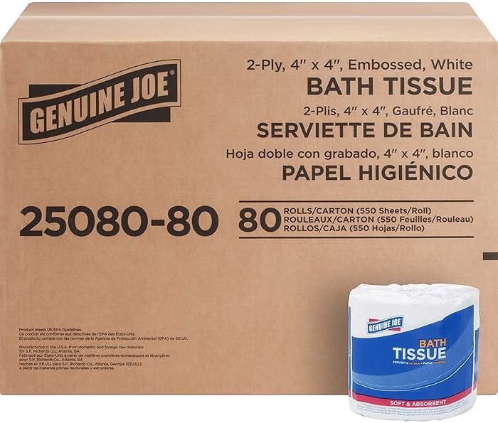 Genuine Joe Standard Bath Tissue, 4" x 4", 2-Ply, 550 Sheets/Roll, 80 Count - Product Image