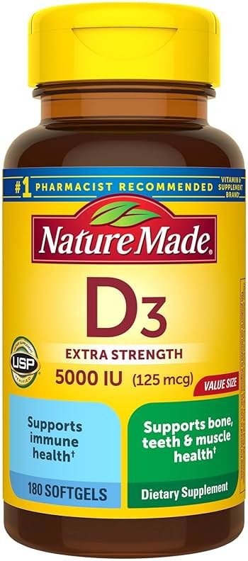 Nature Made Vitamin D3 5000 IU (125 mcg) Softgels, Extra Strength Vitamin D Supplement for Bone and Immune Health Support, 180 Count, 180 Day Supply - Product Image