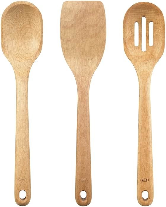 OXO Good Grips 3‑Piece Wooden Utensil Set, Solid Beachwood Spoon, Slotted Spoon and Turner - Product Image