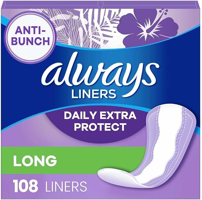 Always Panty Liners for Women Anti-Bunch Xtra Protection Daily Liners, Long, Unscented, 108 Count - Product Image