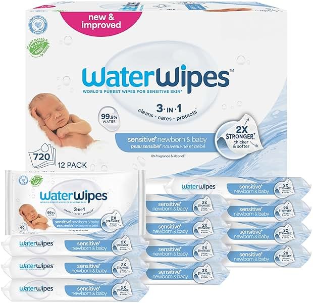 WaterWipes Sensitive+ Newborn & Baby Wipes, 3-In-1 Cleans, Cares, Protects, 99.9% Water, Unscented & Hypoallergenic, 720 Count (12 Packs) - Product Image