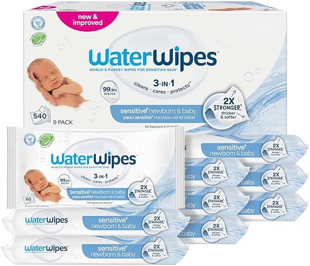 WaterWipes Sensitive+ Newborn & Baby Wipes, 3-In-1 Cleans, Cares, Protects, 99.9% Water, Unscented & Hypoallergenic, 540 Count (9 Packs) - Product Image