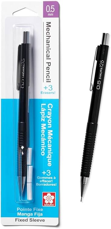 SAKURA 50297 Mechanical Pencil Fixed Sleeve 0.5-mm with 3 Erasers, Black - Product Image