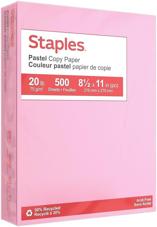 Staples Pastel Colored Copy Paper 8 1/2-Inch x 11-Inch Pink 500/Ream, For Office, School & Home - Product Image
