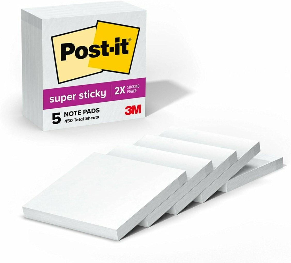 Post-it Super Sticky Notes, 5 Sticky Note Pads, 3 x 3 in., School Supplies, Office Products, for Vertical Surfaces, Monitors, Walls and Windows, First Snow White - Product Image