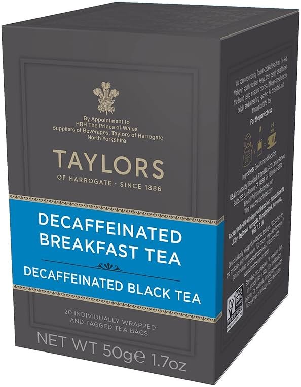 Taylors of Harrogate Decaffeinated Breakfast, Black Tea, Individually Wrapped Bags, 20 Count (Pack of 1), Rich, Bright & Balanced, Decaffeinated, Enjoy Hot or Iced, 20 Teabags - Product Image