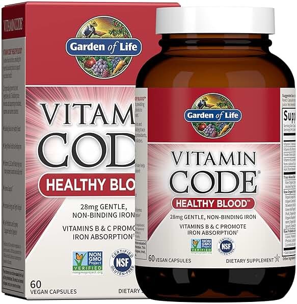 Garden of Life Vitamin Code Healthy Blood - Iron Supplement for Women, 60 Vegan Capsules, with Vitamins B, C, Trace Minerals, Fruit Veggies, Probiotics - for Energy and Anemia Support - Product Image