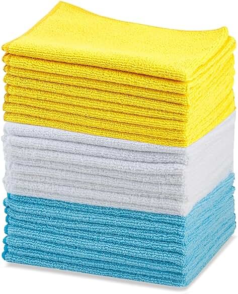 Amazon Basics Microfiber Cleaning Cloths, Ultra Absorbent, Lint Free, Streak Free, Non-Abrasive, Reusable and Washable, 16" x 12", Blue/White/Yellow, Pack of 24 - Product Image