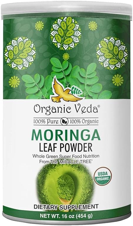 Organic Veda Moringa Powder - Premium Harvest Real Green Native Moringa Oleifera, Vitamins & Antioxidant Rich Leaves - USDA Organic, Gentle Dried Drumstick Leaf Powder (16 oz (Pack of 1)) - Product Image