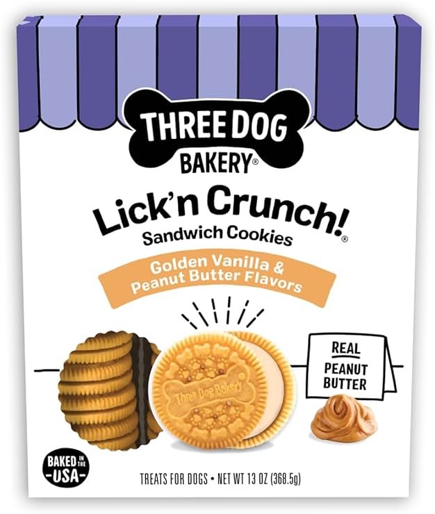 Three Dog Bakery Lick'n Crunch! Golden & Peanut Butter Dog Sandwich Cookies - Crunchy Vanilla & Creamy Peanut Butter Flavored Dog Treats, Cookies for Dogs, Dog Birthday Cookies, Dog Training Treats - Product Image