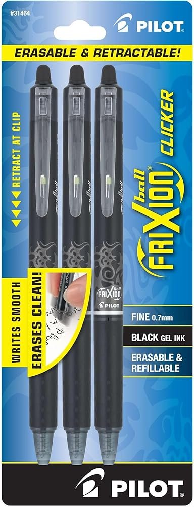PILOT FriXion Clicker Erasable Pens, Refillable & Retractable Gel Ink Pens, Fine Point 0.7 mm, Black Ink, 3-Pack - Ideal for School, Journaling, & Office Writing - Product Image