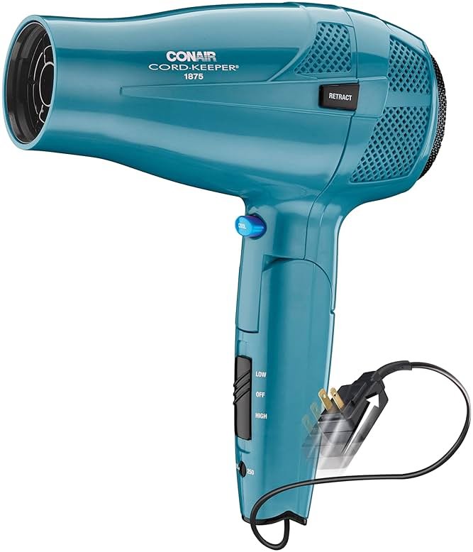 Conair Travel Hair Dryer | 1875W Dual Voltage Folding Handle Retractable Cord, for All Hair Types, Teal, 289L - Product Image
