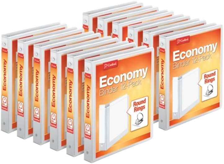 Cardinal 1 Inch 3 Ring Binders, White, 12 Pack, Round Ring Binder, Holds 225 Sheets, PVC Free, Customizable Covers, 2 Pocket View Binders for Office and School Organization - Product Image