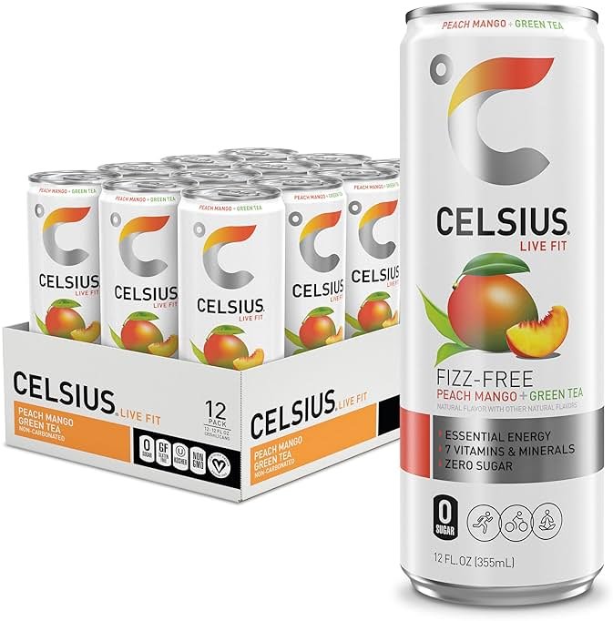 CELSIUS Fizz Free Peach Mango Green Tea, Sugar Free Energy Drink, 12 Fl Oz (Pack of 12) - Product Image