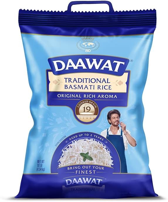 Daawat Traditional Basmati White Rice - Authentic Extra Long Grain Basmati Rice - 10 lb Bag - Great for Curries, Pilafs & Indian Recipes - Cook in Microwave or on Stove Top - Product Image