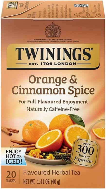 Twinings Orange & Cinnamon Spice Tea, Naturally Caffeine-Free Sweet and Spicy Tea with Rooibos, Orange, and Cinnamon, Herbal Tea Bags Individually Wrapped, 20 Count - Product Image