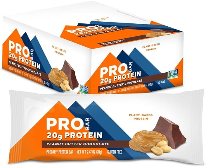 PROBAR Plant-Based Protein Bars – 20g Protein, Gluten Free, Non-GMO, Dairy Free Vegan Snack, No Sugar Alcohols, Whole Food Ingredients, Post Workout Energy Bar for Active Lifestyles (Peanut Butter Chocolate, 12 Count) - Product Image