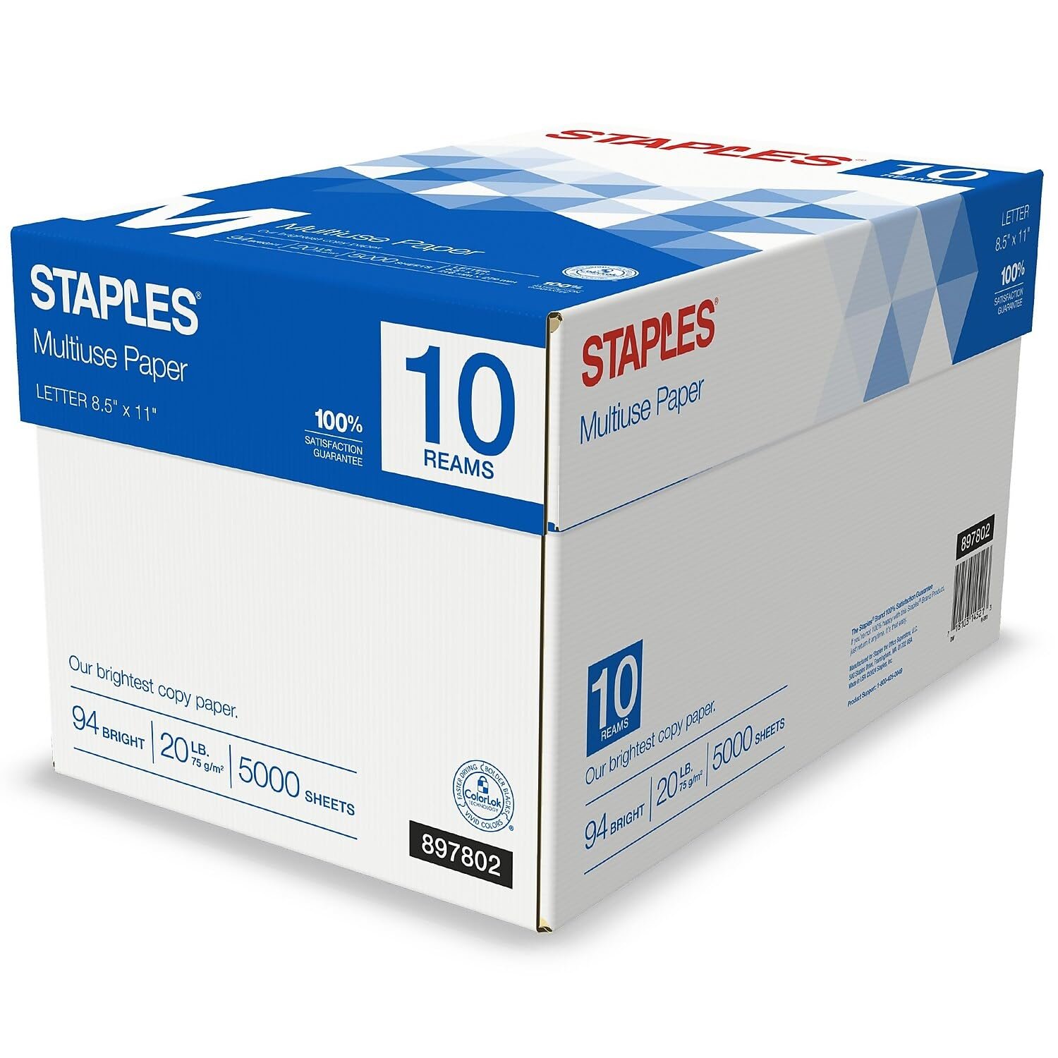 Staples Multipurpose Copy Printer Paper, 20 lb, 8.5 x 11 Inches, 10 Reams, 94 Bright, White - Product Image