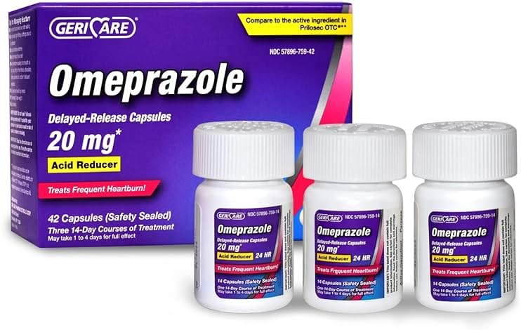 GeriCare Omeprazole Delayed Release Capsules 20.6mg - Acid Reducer Pills for 24 Hour Heartburn Relief - Acid Reflux Medicine to Treat Frequent Heartburn (42 Count) - Product Image