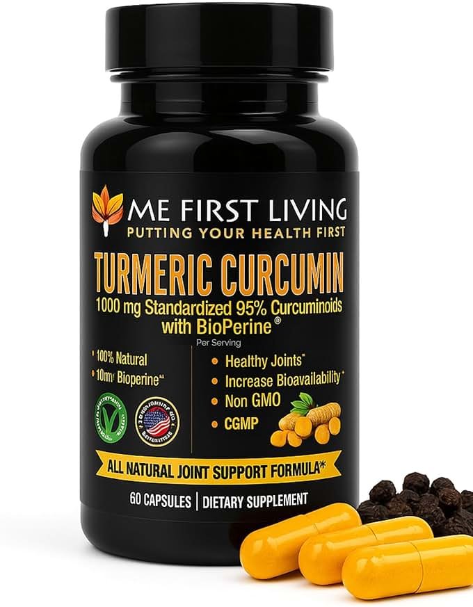 Me First Living Turmeric Curcumin 1000 mg 95% Curcuminoids, Bioperine 10 mg, 19x More Potent Than Others, Increased Absorption, Non-GMO, Organic Turmeric, Vegan, Gluten Free, 60 Capsules - Product Image