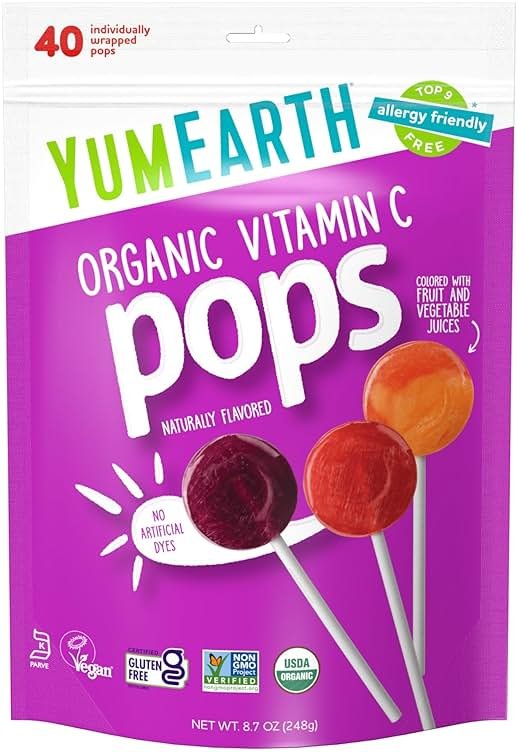 YumEarth Organic Vitamin C Pops Variety Pack, 40 Fruit Flavored Favorites Lollipops, Allergy Friendly, Gluten Free, Non-GMO, Vegan, No Artificial Dyes - Product Image