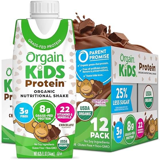 Orgain Organic Kids Nutritional Dairy Protein Shakes, Chocolate, Healthy Kids Snacks, 8g Grass-Fed Protein, 3g Fiber, 22 Vitamins & Minerals, No Soy Ingredients, Non-GMO, 8.25 Fl Oz, Pack of 12 - Product Image