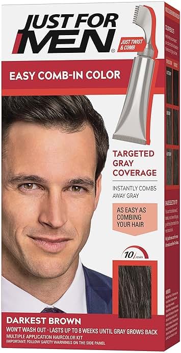 Just For Men Easy Comb-In Color (Formerly Autostop), Gray Hair Coloring for Men with Comb Applicator Included, Easy No Mix Application - Darkest Brown, A-50 (Packaging May Vary) - Product Image