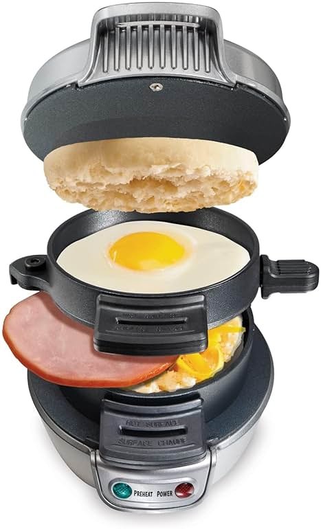 Hamilton Beach Breakfast Sandwich Maker with Egg Cooker Ring, Customize Ingredients, Perfect for English Muffins, Croissants, Mini Waffles, Perfect White Elephant Gifts, Silver (25475) - Product Image