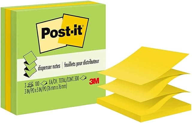 Post-it Pop-up Notes, 3 Sticky Note Pads, 3 x 3 in., School Supplies, Office Products, Accordion Sticky Notes Work with Pop-Up Note Dispenser, Green and Yellow Colors - Product Image