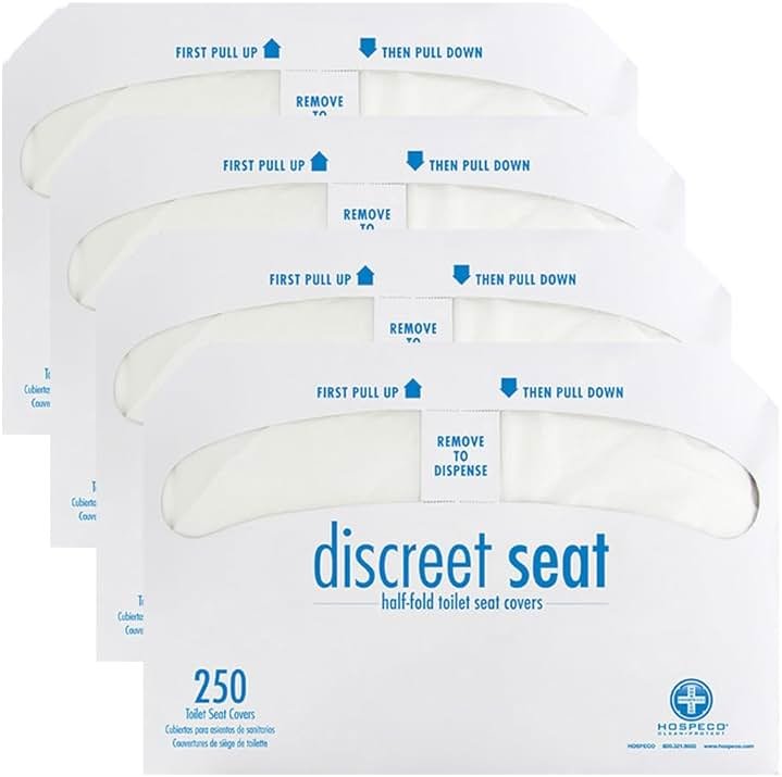 Hospeco Flushable Toilet Seat Covers - 1000 Pcs, 4 Packs of 250 - Disposable Paper Discreet Seats for Commercial Wall Dispenser, 16.75 x 14.25 Half-Fold, White - Product Image