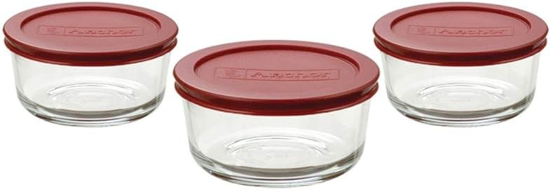 Anchor Hocking Classic Glass Food Storage Containers with Lids, Red, 2-Cup (6-Piece Set - Includes 3 Containers and 3 Lids) - Product Image