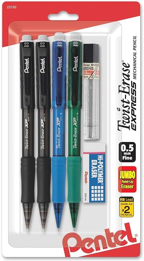 Pentel Twist-Erase Express Mechanical Pencil, (0.5mm), Assorted Barrel Colors (QE415LZBP4) - Product Image