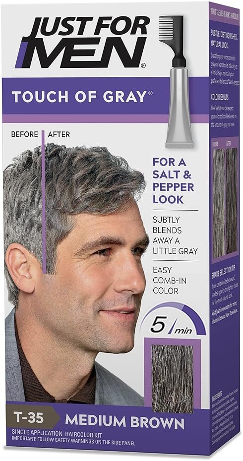Just For Men Touch of Gray, Mens Hair Color Kit with Comb Applicator for Easy Application, Great for a Salt and Pepper Look - Medium Brown, T-35, Pack of 1 - Product Image