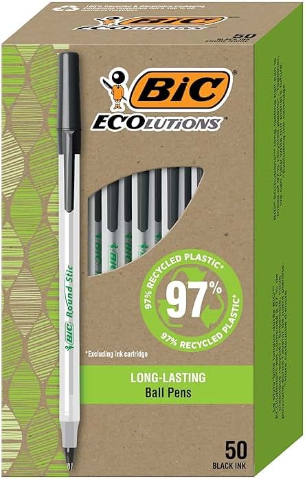 BIC Ecolutions Round Stic Ballpoint Pens, Medium Point (1.0mm), 50-Count Pack, Black Ink Pens Made from 97% Recycled Plastic - Product Image