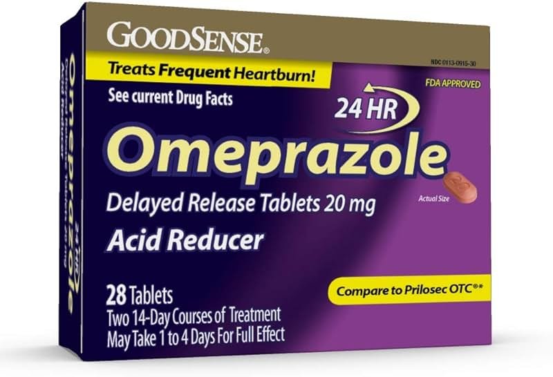 GoodSense Omeprazole Delayed Release Tablets 20 mg, Stomach Acid Reducer for Frequent Heartburn Treatment, 28 Count - Product Image