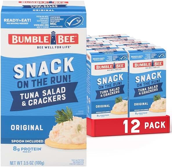 Bumble Bee Snack On The Run! Protein Pack, 8g per Box - Original Tuna Salad with Crackers Kit - Ready to Eat Easy-Open Can - Wild Caught MSC-Certified Tuna (Pack of 12) - Product Image