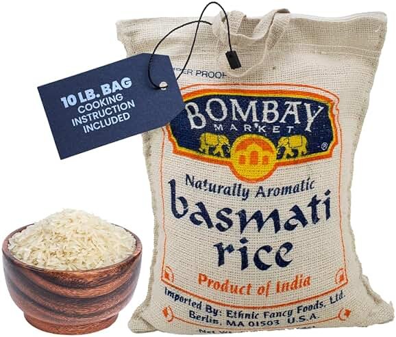 Bombay Market White Basmati Rice - Aromatic & Nutty Flavor Basmati Rice - Long Grain Rice Basmati (10 Pound Bag) - Product Image