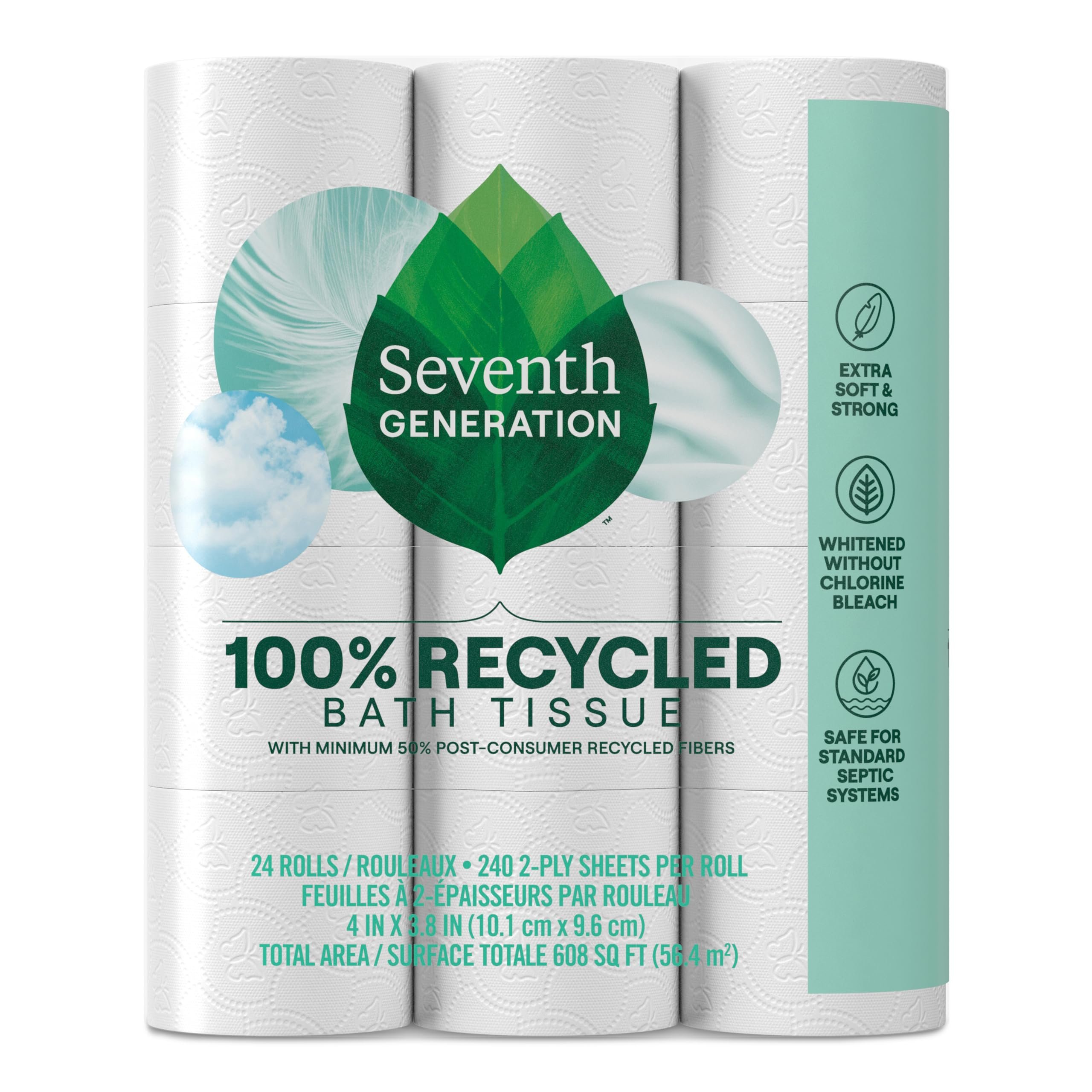 Seventh Generation Toilet Paper, 100% Recycled 2-Ply Bath Tissue, 2 Pack x 12 Rolls of 240 Sheets, Extra Soft, Strong for Home & RV, Whitened without Chlorine Bleach, No Dyes, Fragrances, Septic Safe - Product Image