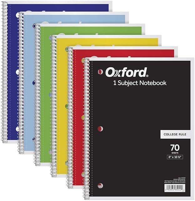 Oxford Spiral Notebook 6 Pack, 1 Subject, College Ruled Paper, 8 x 10-1/2 Inch, Color Assortment Design May Vary (65007) - Product Image