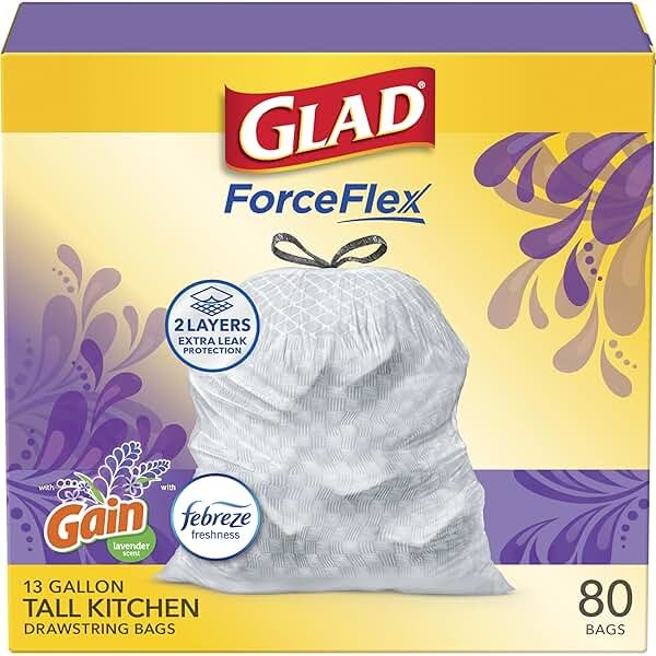 Glad ForceFlex Tall Kitchen Trash Bags, 13 Gallon, Gain Lavender, 80 Count (Package May Vary) - Product Image